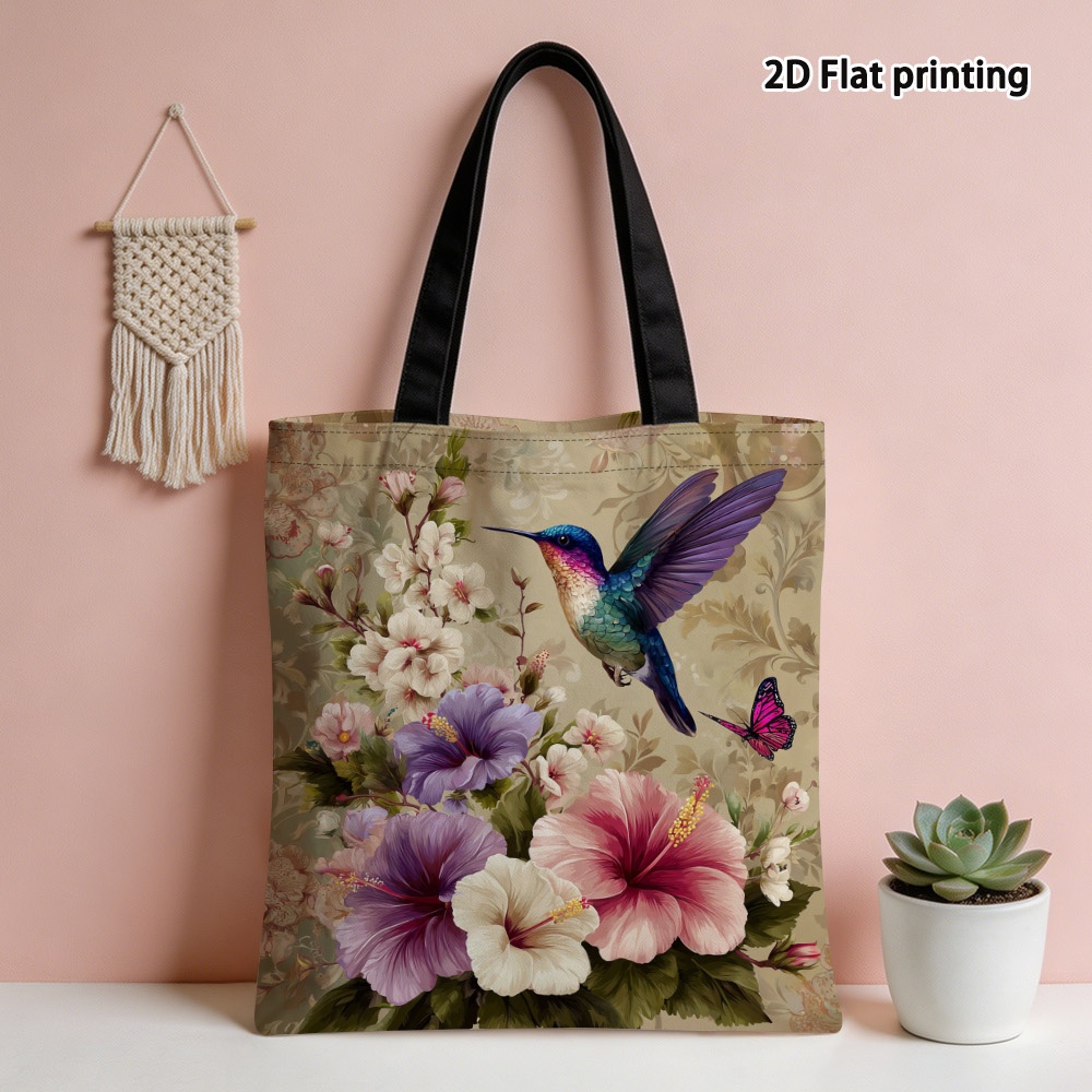 TEMU 1pc Hummingbird And Hibiscus Pattern Large Capacity Reusable Shopping Bag, Vibrant 2d Print, Casual Shoulder Tote, Suitable For Shopping,