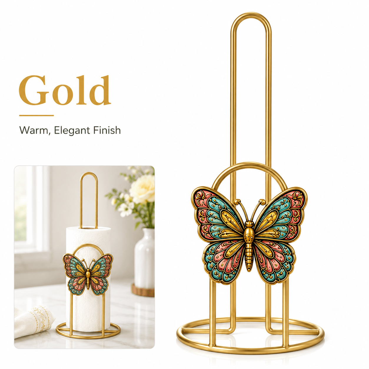 TEMU Porte-essuie-tout décoratif 1 pièce en fer de papillon pour comptoir de cuisine, organisateur de rouleaux de papier essuie-tout autoportant avec