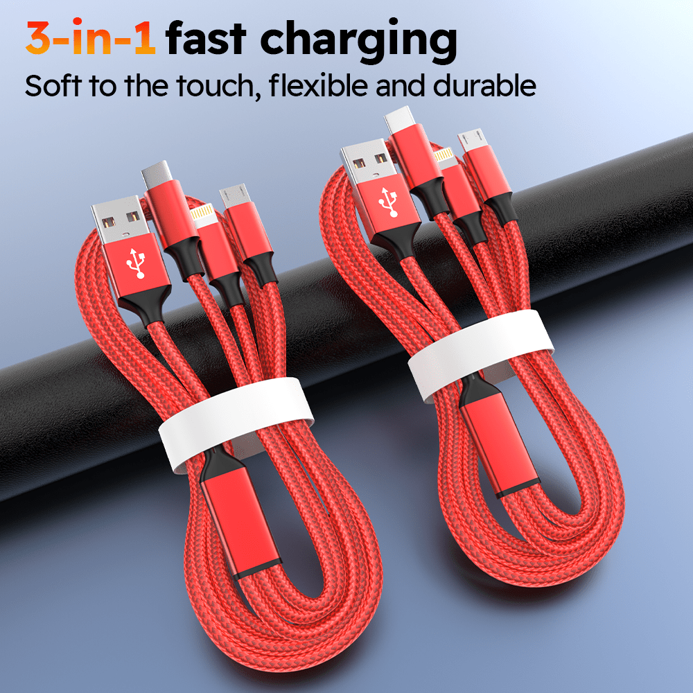 TEMU 100w 2pcs 3in1 Fast Charging Cable, Nylon Braided Data Cable Lightning Type C Micro Multi Port Sturdy Data Cable Suitable For Iphone 16 15 14 13