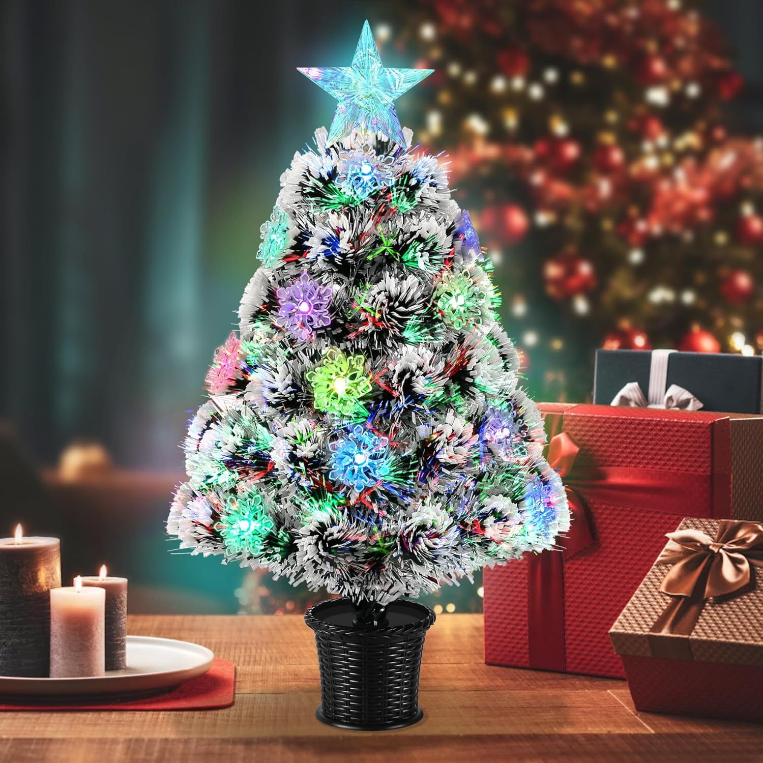 

22inch Pre-lit Fiber Optic Artificial Christmas Tree Lighted With Star Topper, Small Tabletop Christmas Tree Tree With Lights, Battery/usb Operated For Desktop And Holiday