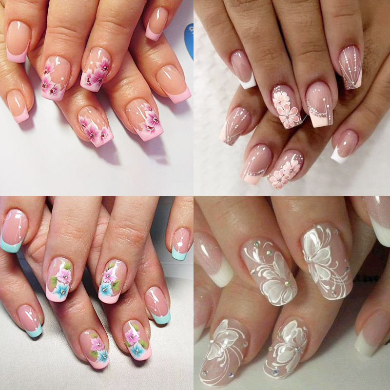 96pcs (4 Pack) Medium Square Printed Nail Tips With Sparkling Diamonds And Pink Edges, French Nail Design, Pink And White Matching, Square Fake Nail Set