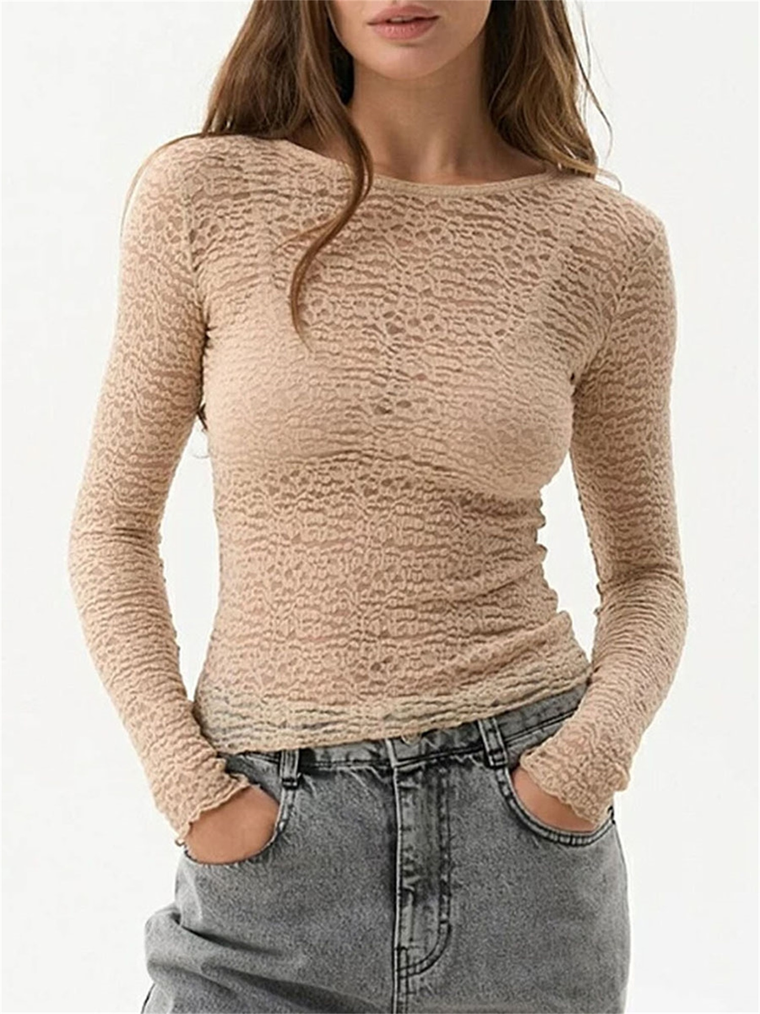 womens sheer lace tops solid color see round neck long - Temu