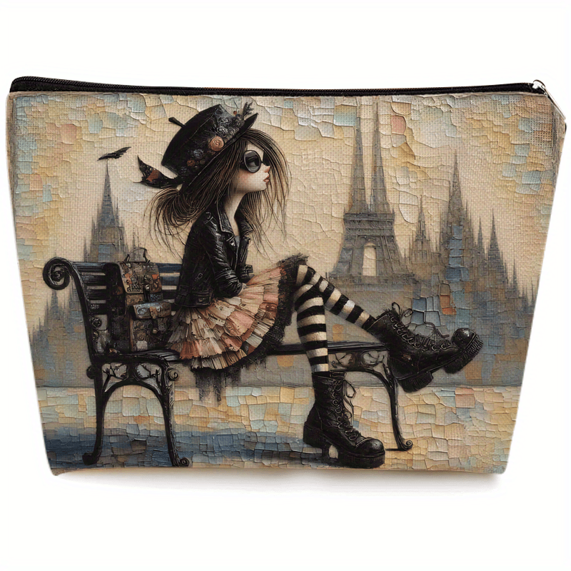 TEMU 1pc Parisian Art Cosmetic Bag - Unique Gothic With , Black Lace Dress & Red Flowers - Portable Makeup Pouch For Women, , Travel, Weddings - Easy