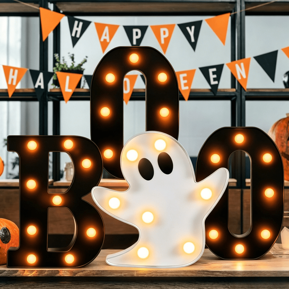 TEMU 4pcs, Décoration Intérieure d'Halloween, et 'Boo' Lumières Décoratives d'Halloween, Affichage Lumineux de Festival, Convient pour les Cheminees