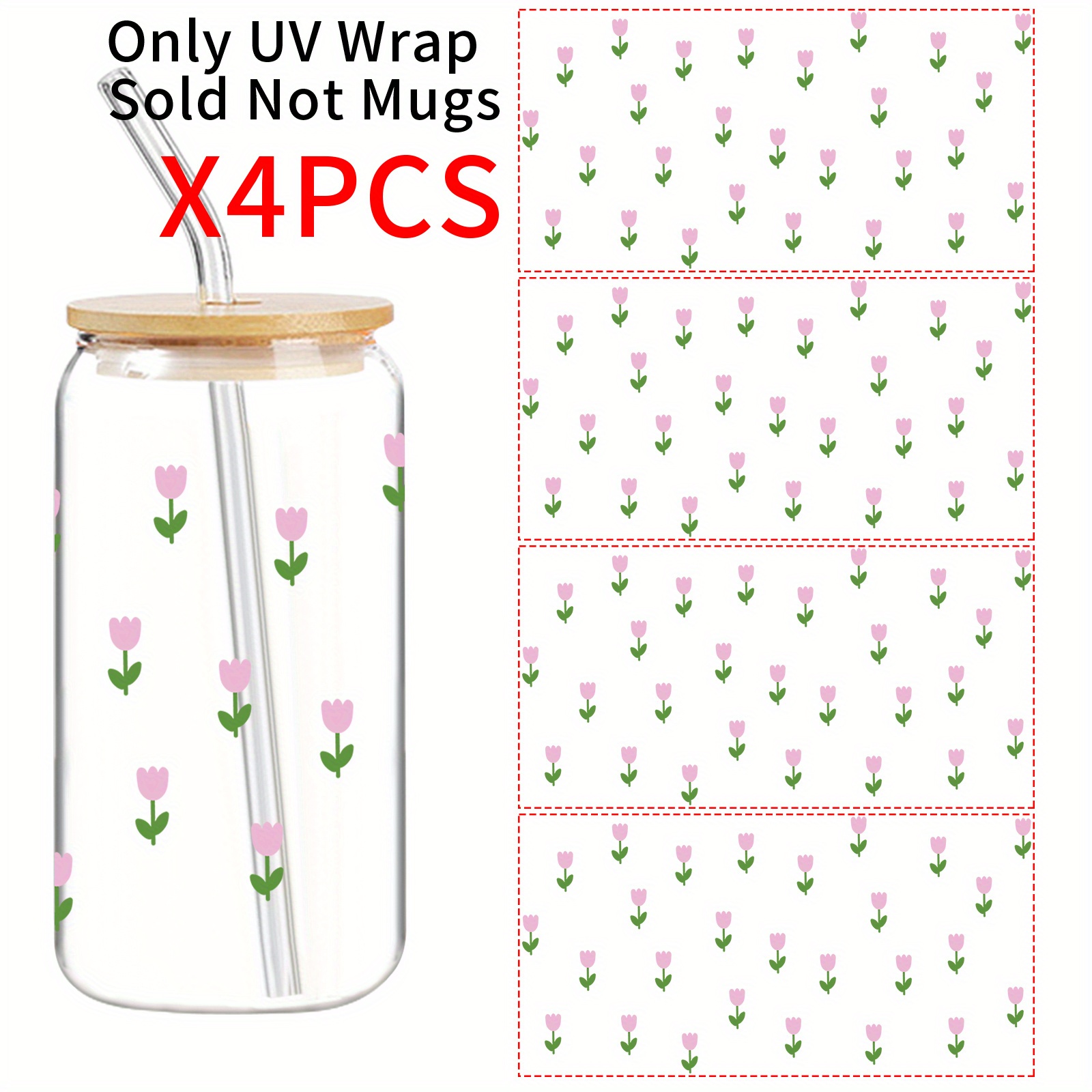 TEMU 4pcs/Set d'autocollants sur le thème des tulipes, autocollants de transfert UV DTF, adaptés au verre, à la tasse en céramique, à la bouteille et
