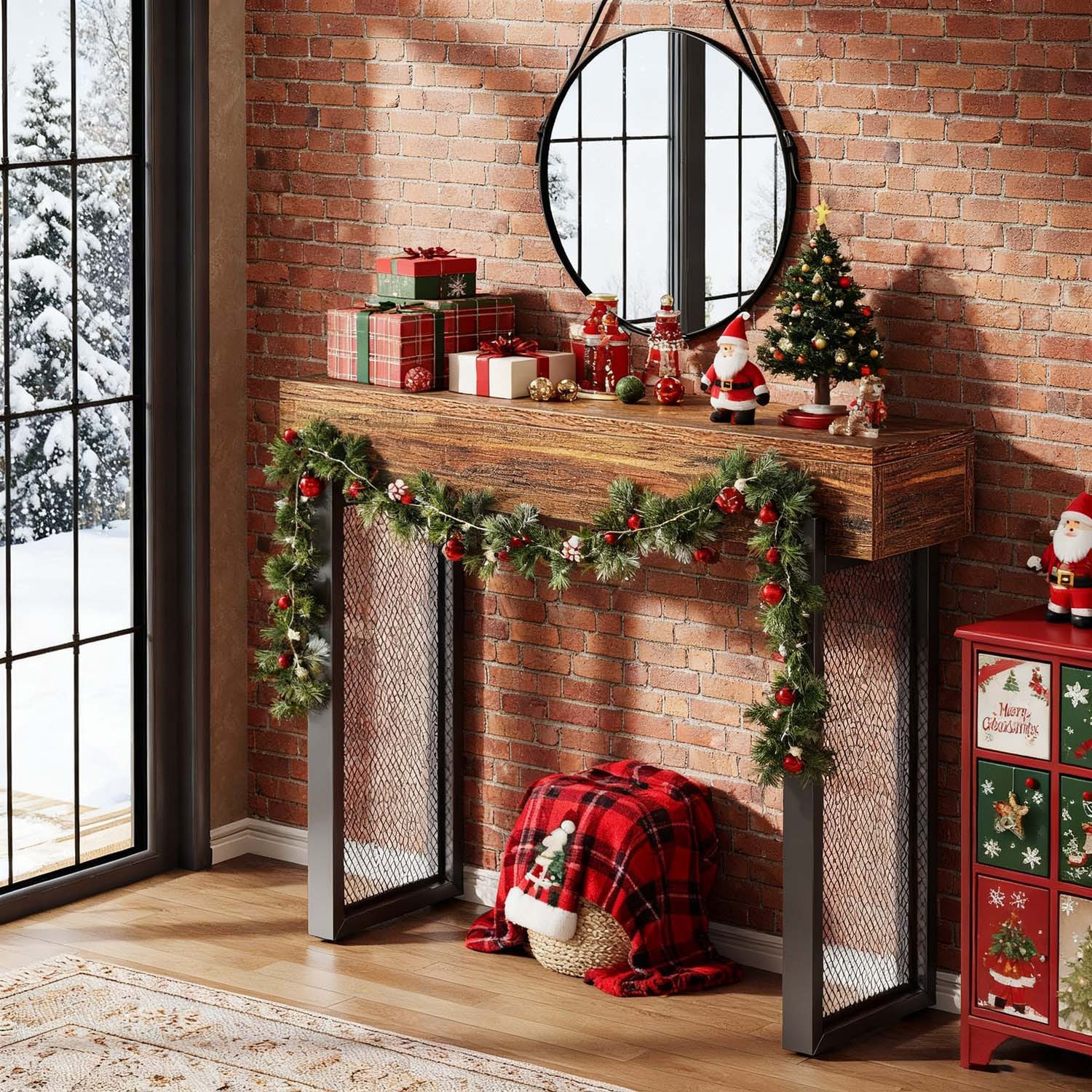 Image of 105cm Rustic Brown And Black Industrial Console Table, Narrow Entryway Table With Mesh Metal Legs And Storage Shelf, Table For Living Room And Christmas Holiday Decorations