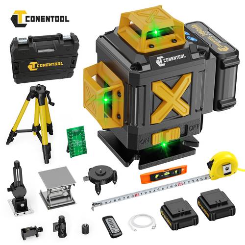 objektbild nömnivellering 4 grader, 4d 16 linjer med 2 x batterier, justerbart stativ, vridbar bas, fjärrkontroll och väggfäste, och dammtät
