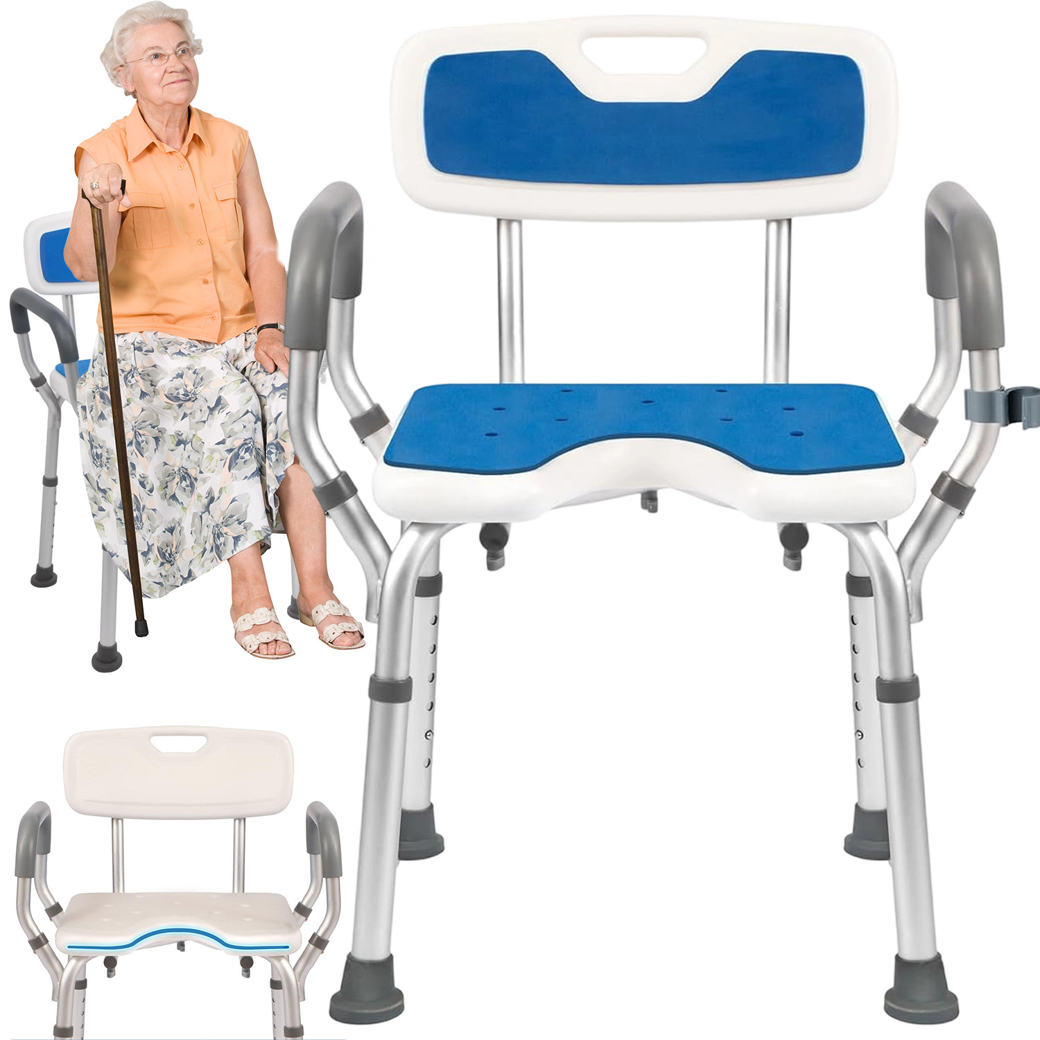 Shower Stool 150kg Load Capacity | With Armrests, Backrest, Shower Head Bracket, Height Adjustable, Metal, Anikers Brand