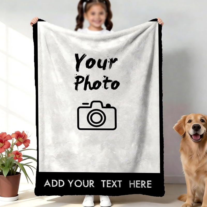 TEMU 1 Personalized Flannel Throw Blanket With Custom Name, Featuring A Simple Black And White Border Design And Black Piping Trim. The Blanket