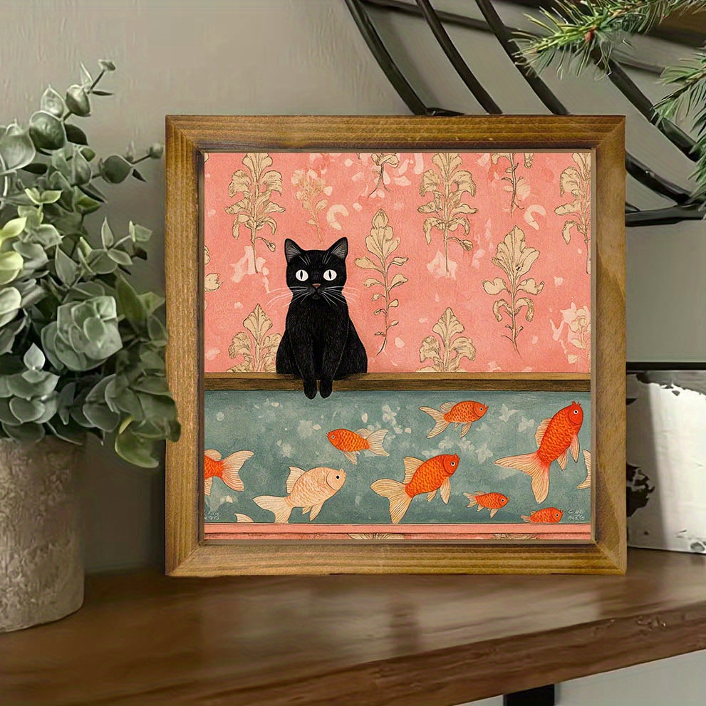 TEMU de pared con de madera de 8x8 pulgadas - Panel humorístico de gato y pez para decoración de baño y cocina, cuadro cuadrado con ilustración de
