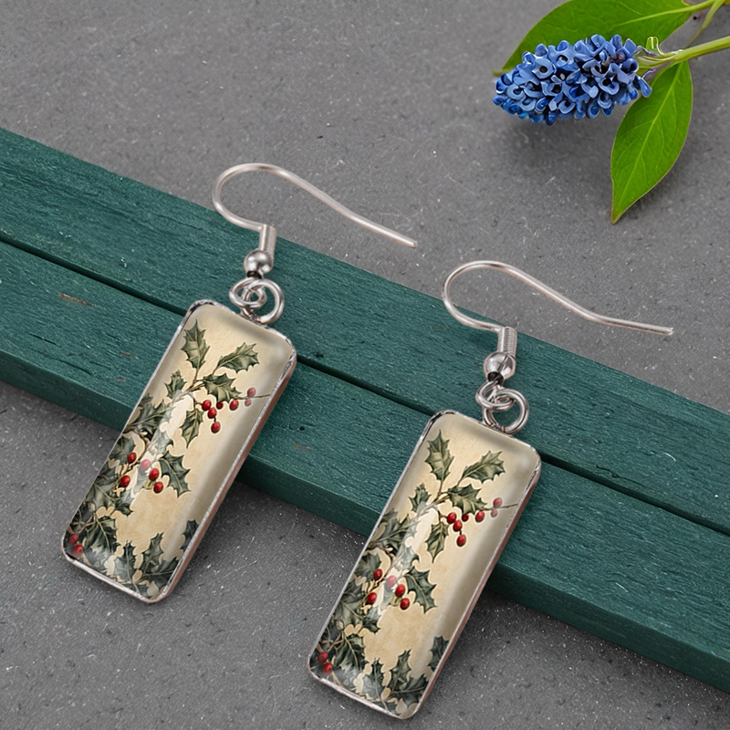 Square-Shaped Holly Leaves Handmade Glass Earrings
