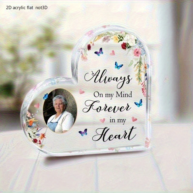 TEMU 2d Flat - [2d Flat] A Personalized Heart-shaped Acrylic Plaque In 2d, Featuring A Floral And Design. This Customizable Memorial Gift Is Engraved