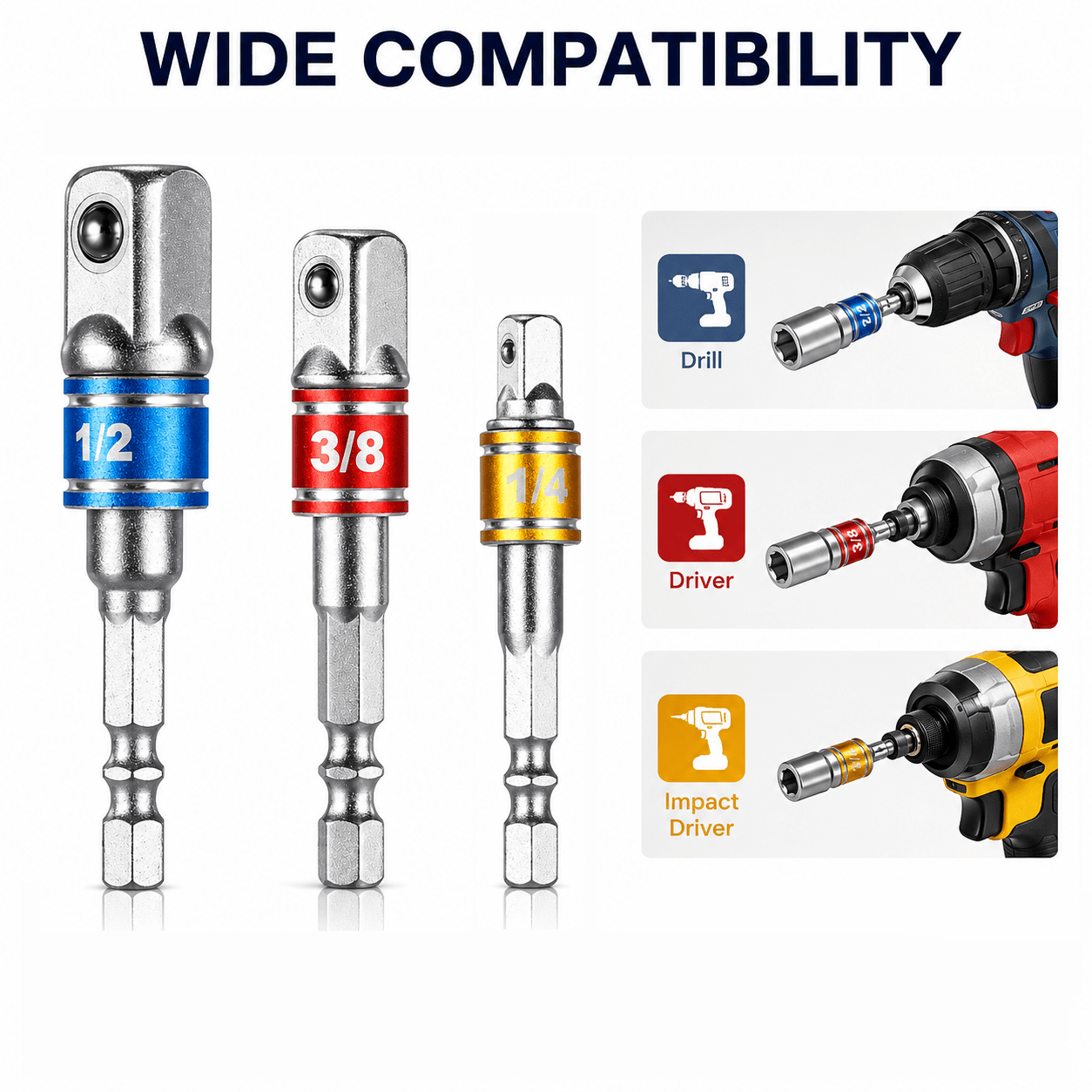 TEMU 3pcs Impact Grade Socket Adapter Set 1/4 Hex Shank To 1/4 3/8 1/2 Square Drive Converter Spring Loaded Ball Bearing For Drill Impact Wrench