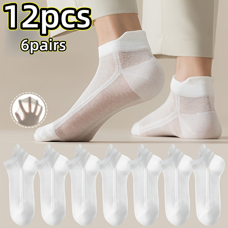 12pcs 6 pairs spring summer and autumn thin socks womens solid color mesh breathable elastic  t socks summer womens shallow mouth hollow boat socks invisible breathable comfortable  t socks casual socks with ear and non slip heel white  