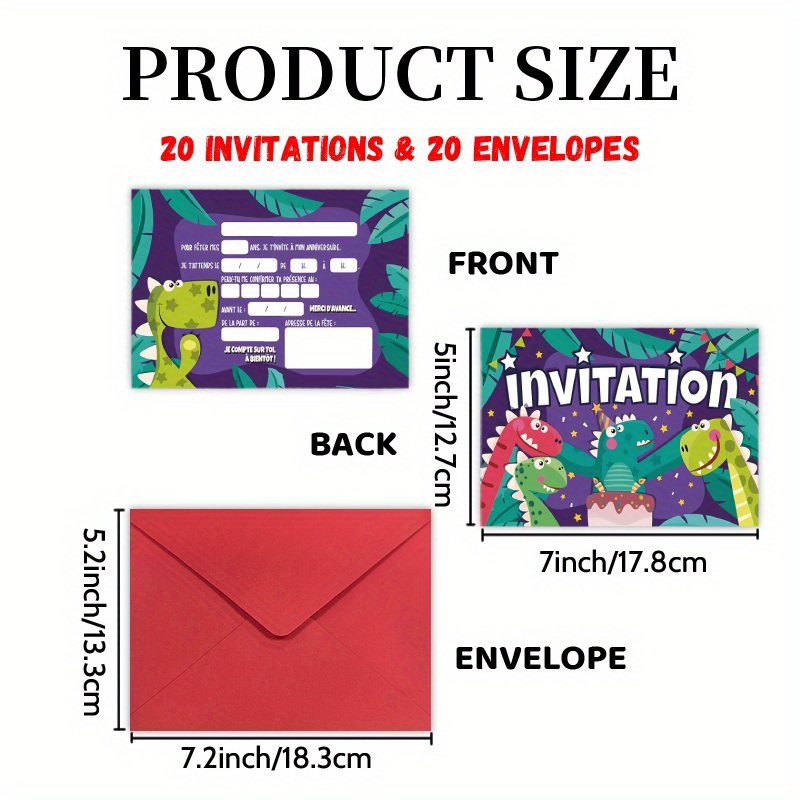 TEMU Ensemble d'invitations comprenant 20 cartes et 20 enveloppes avec des dinosaures de dessins animés pour une sur le thème français - Idéal pour