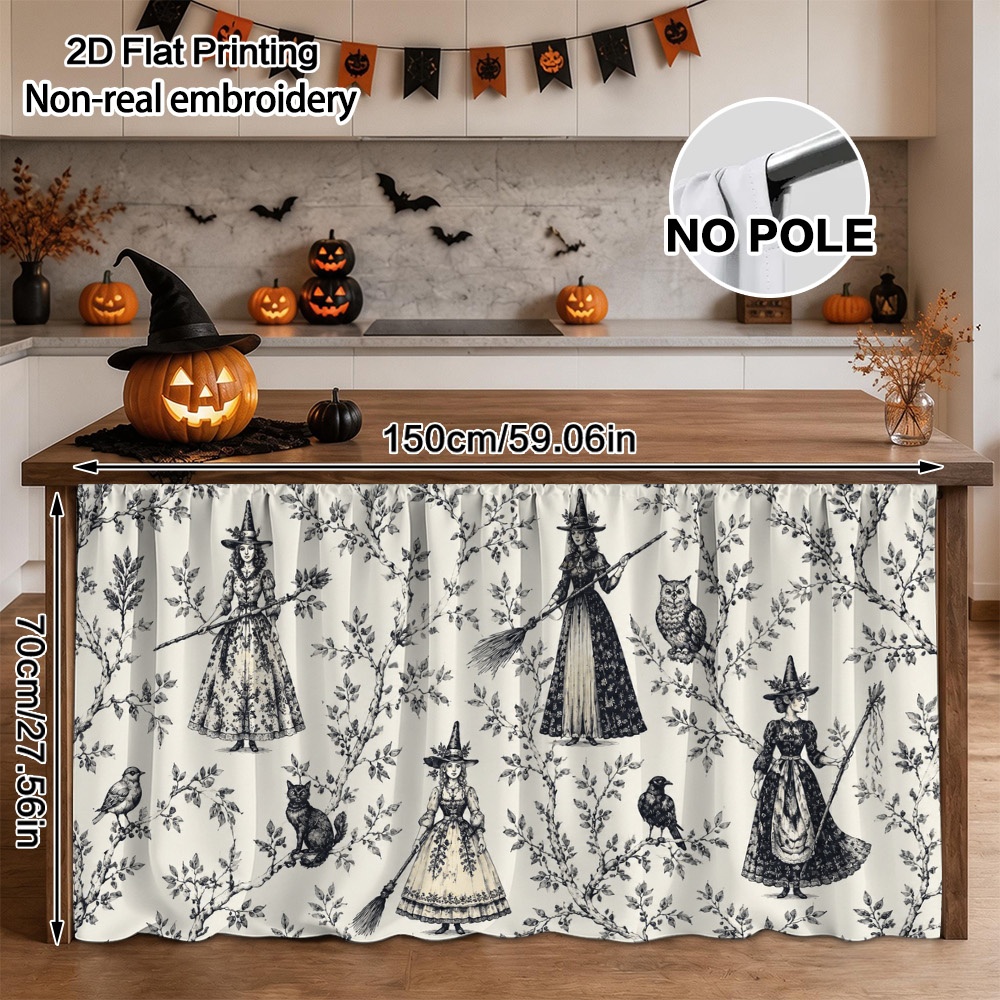 TEMU 2d Flat, 1pc 1pcs Semi-sheer Witches & Branches Curtain Panel - Rod Pocket Window Suitable, Dining Room,, With Witches Themed Print, Machine