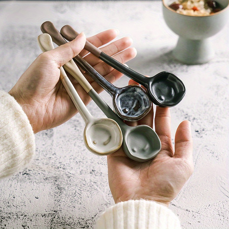 TEMU 4pcs Retro European Ceramic Spoons - Heat-resistant Ceramic Stirring Utensils Suitable For Soup, Salad, Coffee, Desserts - Vintage Tableware For