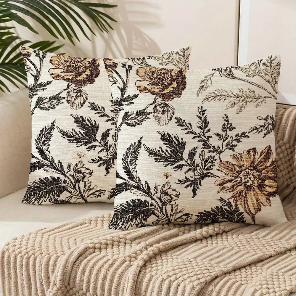 TEMU 2pcs Brown Cream Flower Pillow Set Vintage Flower Decoration, Envelope Style Closure, Suitable For Sofa, Living Room, Bedroom, Hand Wash Only,