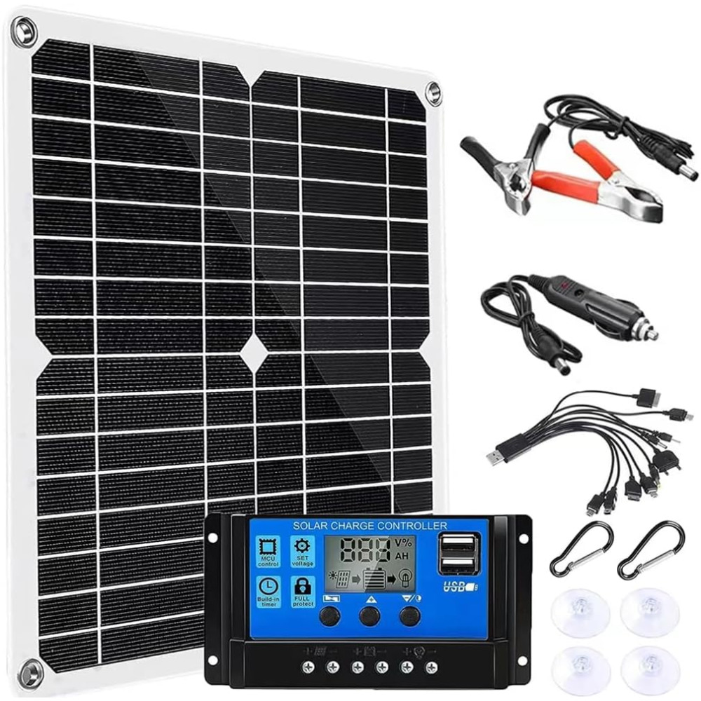 TEMU Kit panneau solaire 12V avec régulateur de charge solaire 100A et câble d'extension avec pinces de batterie pour bateau, moto, maison, éclairage