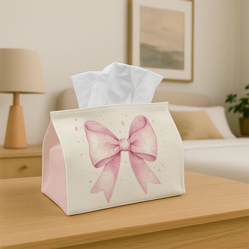 TEMU 1pc Cute Bow Ribbon Pink Print Tissue Box, 2d Flat Print Decorative Tissue Holder, Durable Fabric Storage Organizer For Room Bedroom Car, Multi