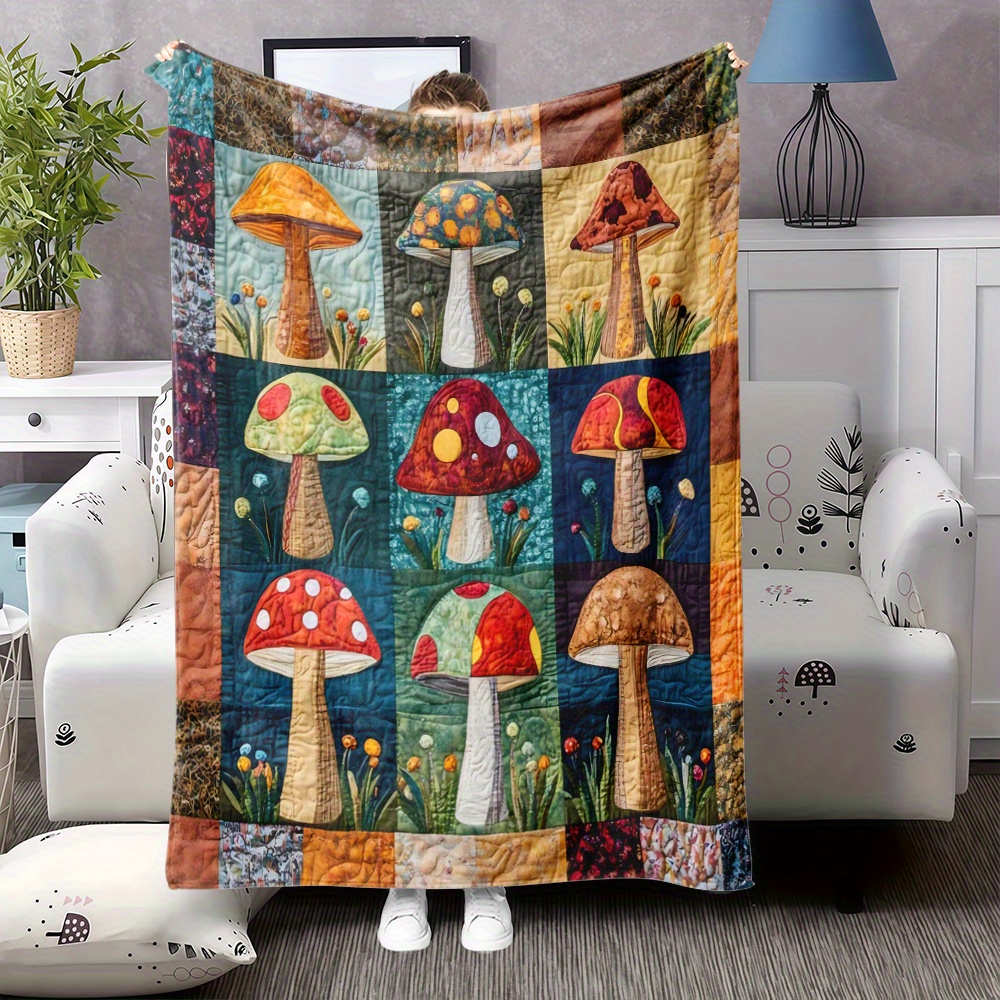 TEMU 1pc Soft Flannel Blanket Suitable For - Vintage Mushroom Bedspread With Retro Botanical Print, Cozy Couch Bed Cover, Perfect Gift For Lovers, Bedspread Or Sofa Throw (flannel)