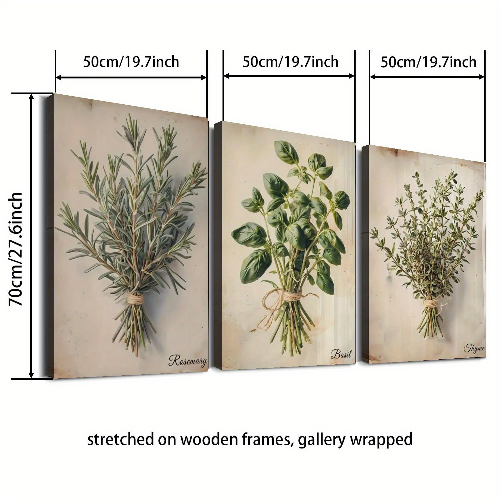 TEMU 2d Flat 3pcs Retro Watercolor Canvas Art Set - Farmhouse Style Vintage Paper Wall Decor With Rosemary, Sage, And Thyme, Wooden Frame,