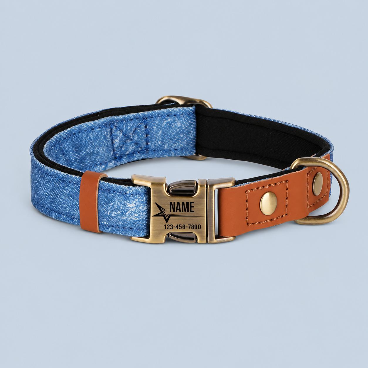 TEMU 1pc Custom Metal Buckle Dog Collar, Vintage Denim Collar, Customizable With , Phone Number, And Id Tag Buckle, Style Outdoor Vintage Adjustable