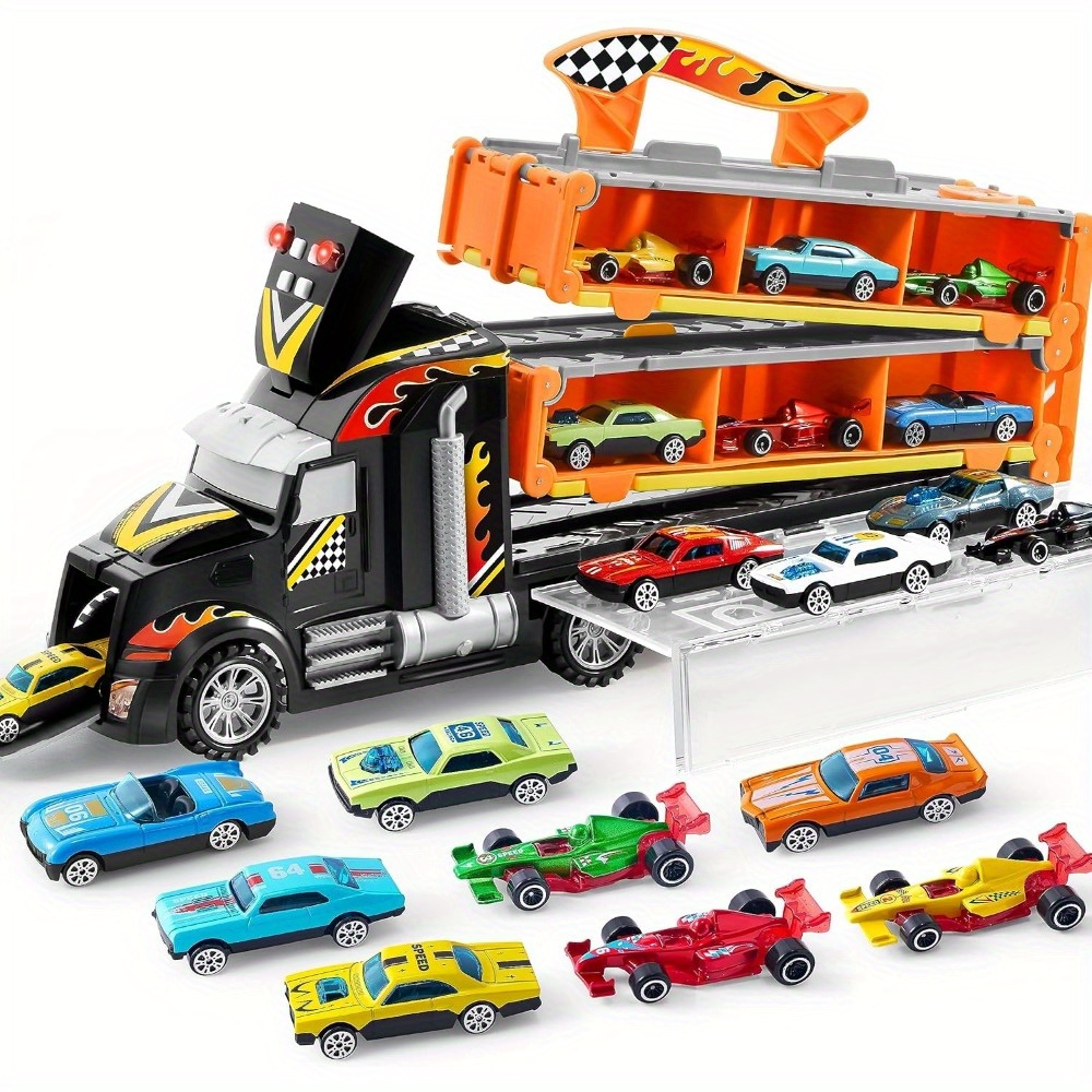 TEMU Camions-Jouets Super Économiques pour Enfants de 3 Ans et Plus, Circuit de Course Pliable de 5 Pieds et 12 Voitures-Jouets en Métal Moulé ,