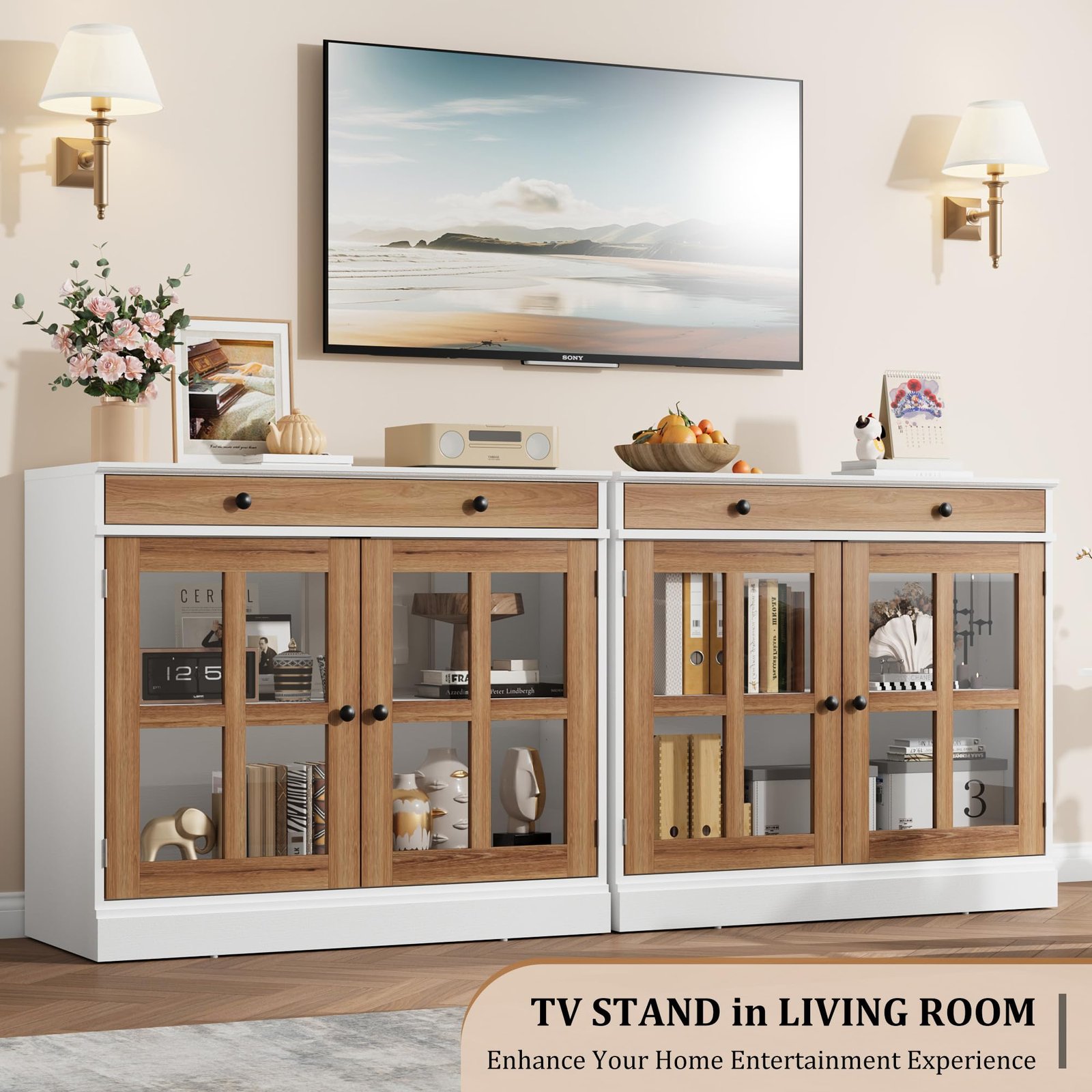 GAOMON 35.4Inch Black Sideboard Buffet Cabinet with Glass Doors, Storage Cabinet with Drawer, Modern Buffet And Sideboard for Dining Room, Kitchen, Living Room