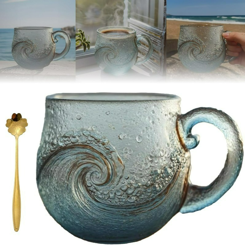 TEMU Handblown Sea Glass Wave Mug - 12oz Ocean Glass Cup With Handcrafted , Beach Themed Coffee Tea & Glassware, Reusable Drinkware For , Handmade