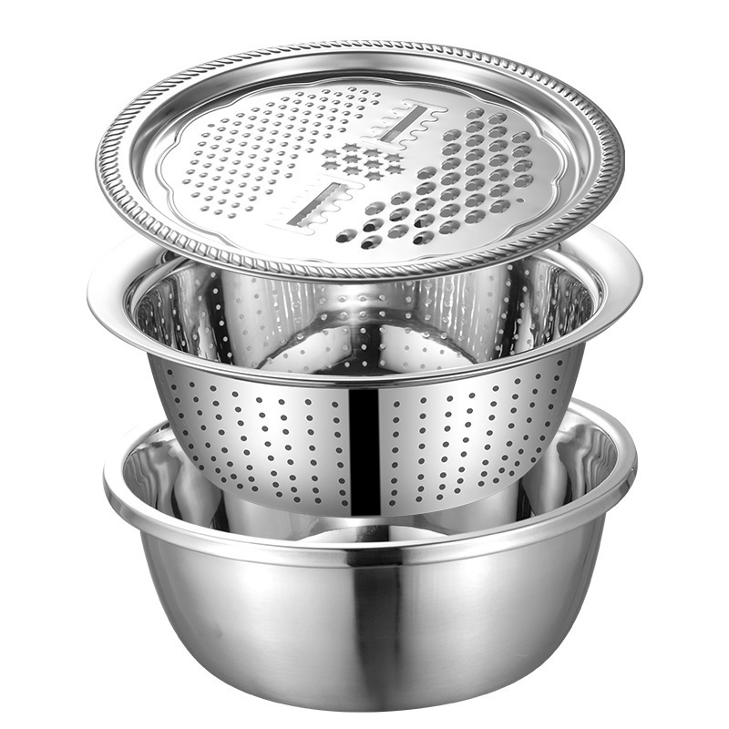 

3pcs Stainless Steel Colander Set, Multi-functional Kitchen Strainer Bowl, Food-grade Filter, For Vegetable Chips, Rice Washing, And Grating