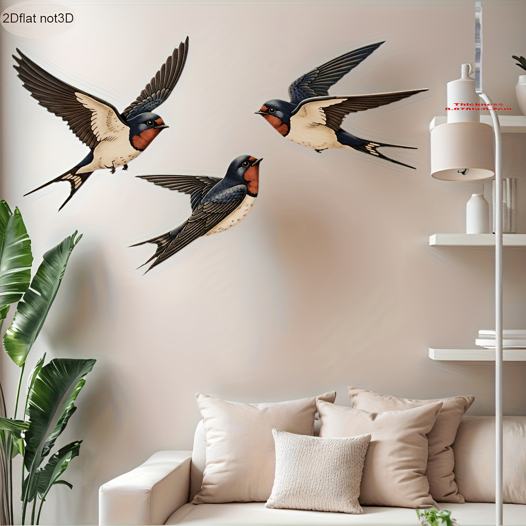 TEMU 2d Flat, 3pcs 2d Flat Colorful Acrylic Sparrow Wall Decor - Realistic Bird With Feather Texture & Horizontal Striped Suitable For, Bedroom,