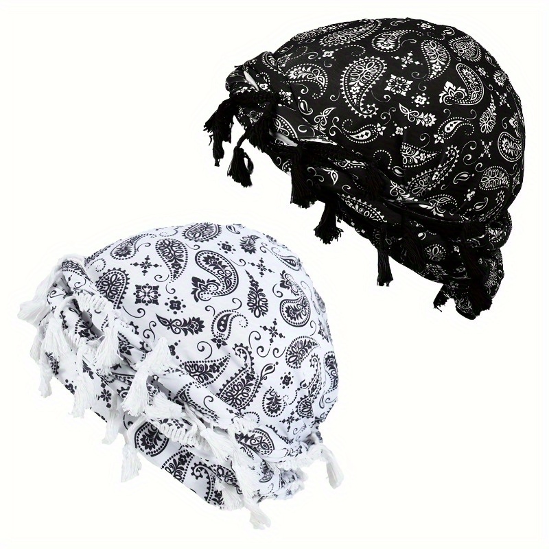 2pcs bohemian turban hats black white paisley print lightweight warm winter hats for men women elastic band for cycling halloween themed parties pirate hip hop everyday streetwear   cold weather accessory stylish headwear soft fabric fashion accessory urban  