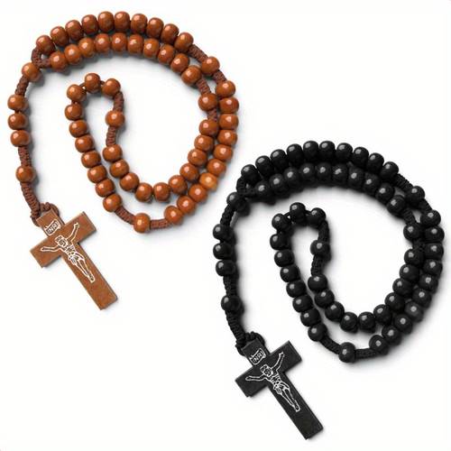 2pcs wooden beads rosary necklace handmade wooden crosses pendant necklace cross necklace for men tan and black cross necklace for women with adjustable necklace chain