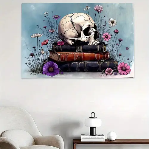 1pc wrapped canvas wall art skull with flowers on minimalist modern art vibrant colors detailed illustration indoor home decor for living room bedroom gift for him dorm room accent decor floral skull design skull home decor