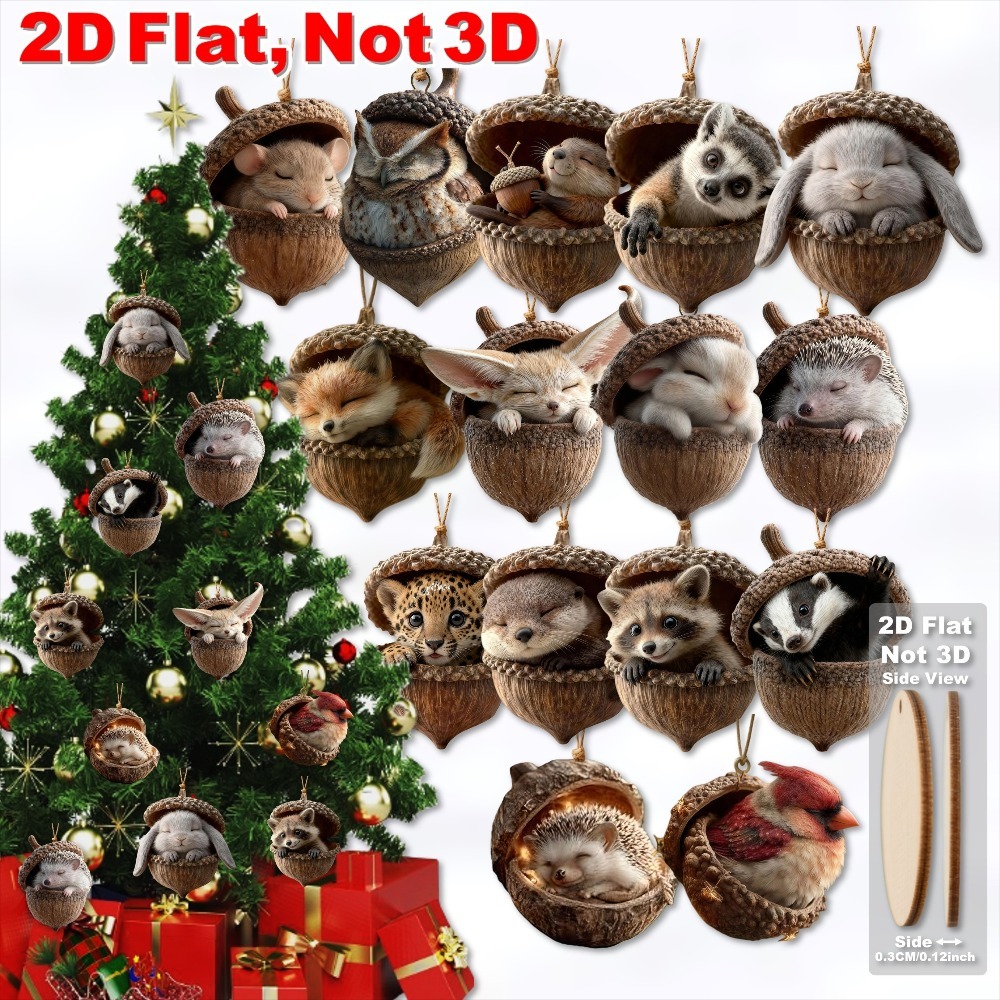TEMU 2d Flat, 15pcs Artificial Animal-shaped Oak Ornaments - Cute Raccoon, Mouse, Fox Figurines With Oak Caps | Rustic Hanging Decorations Suitable