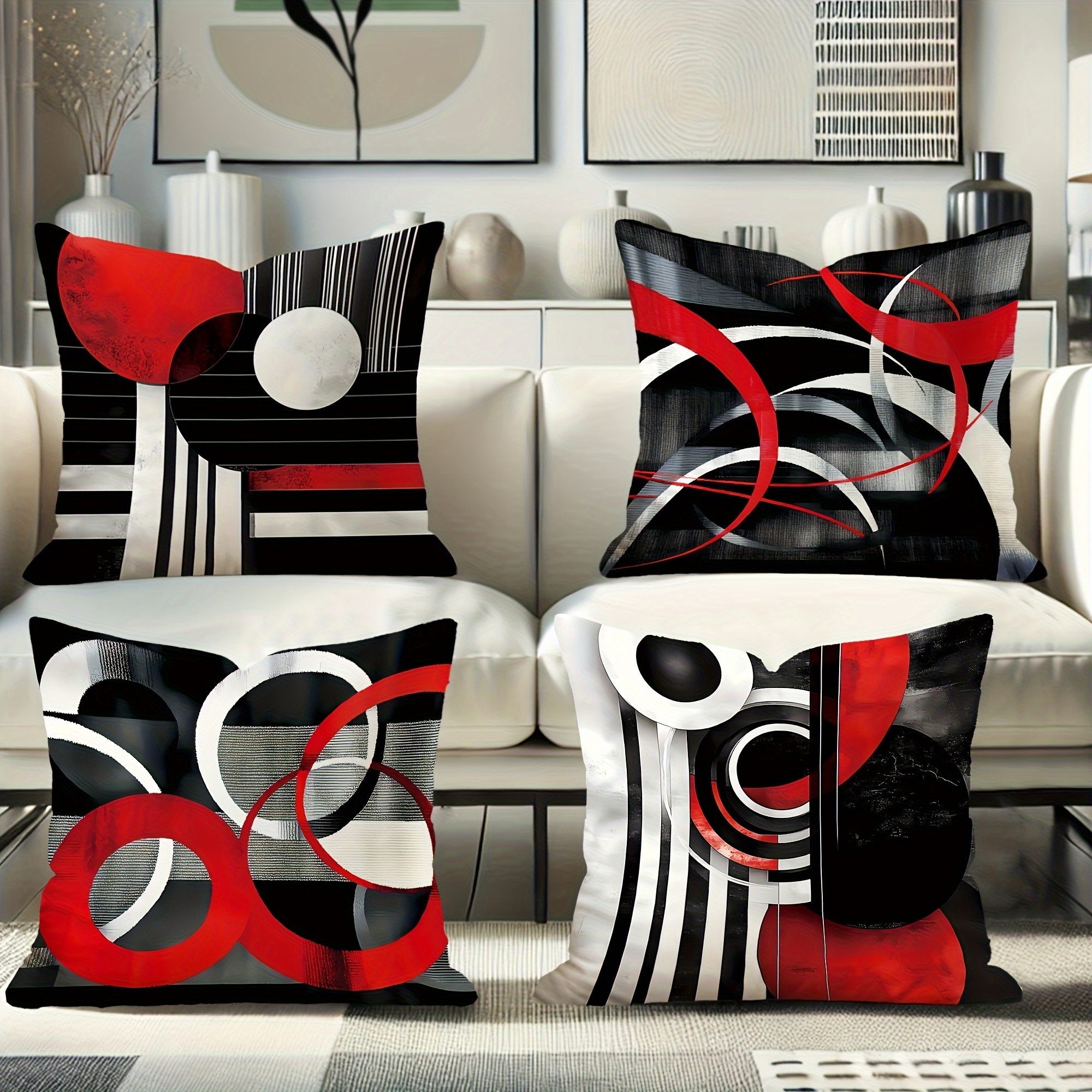 TEMU 4pcs, Modern Abstract Style Red, Black & Gray Patterned Pillow Covers In A Contemporary Design, Equipped With Zippers, Machine Washable, Made Of