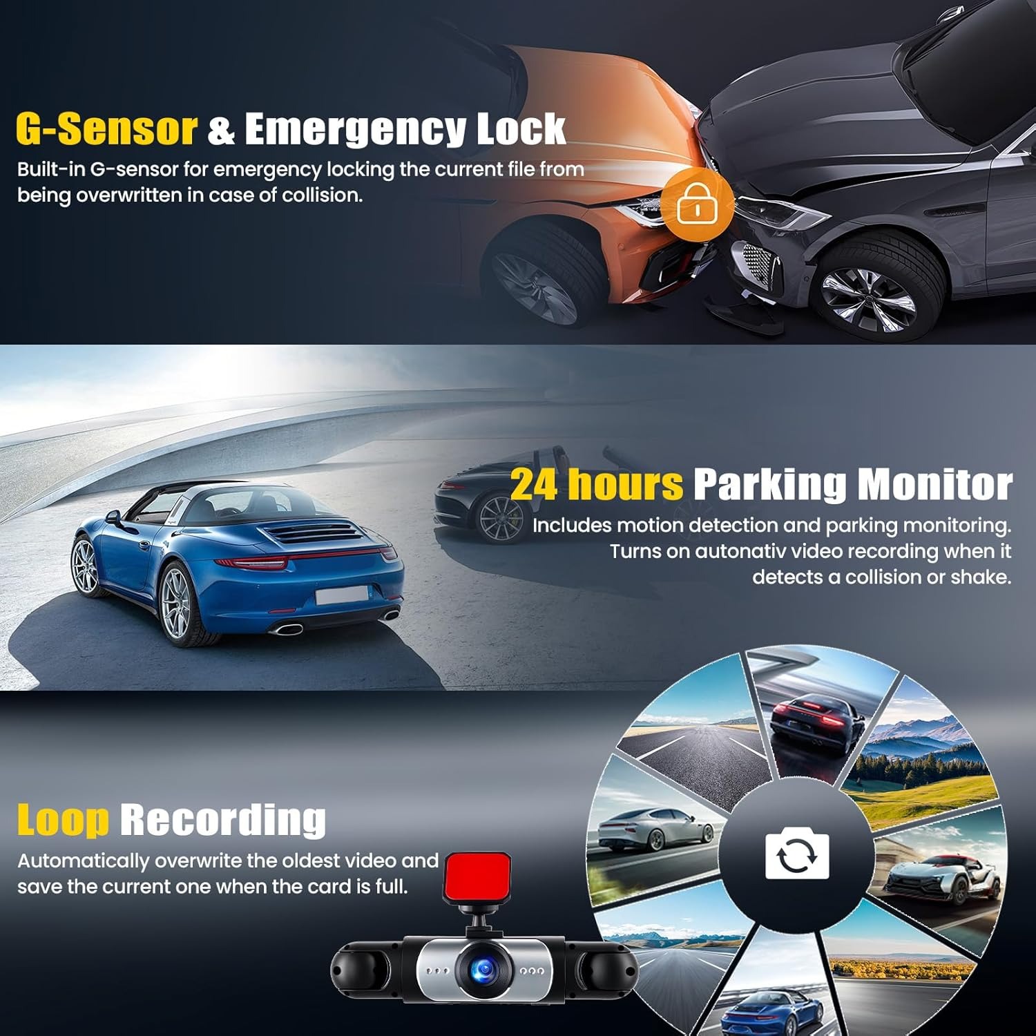 4 channel 360 dash cam for cars with front rear inside cameras night vision parking monitor continuous loop recording compact dash camera suitable for cars trucks rvs buses driver warning system 3