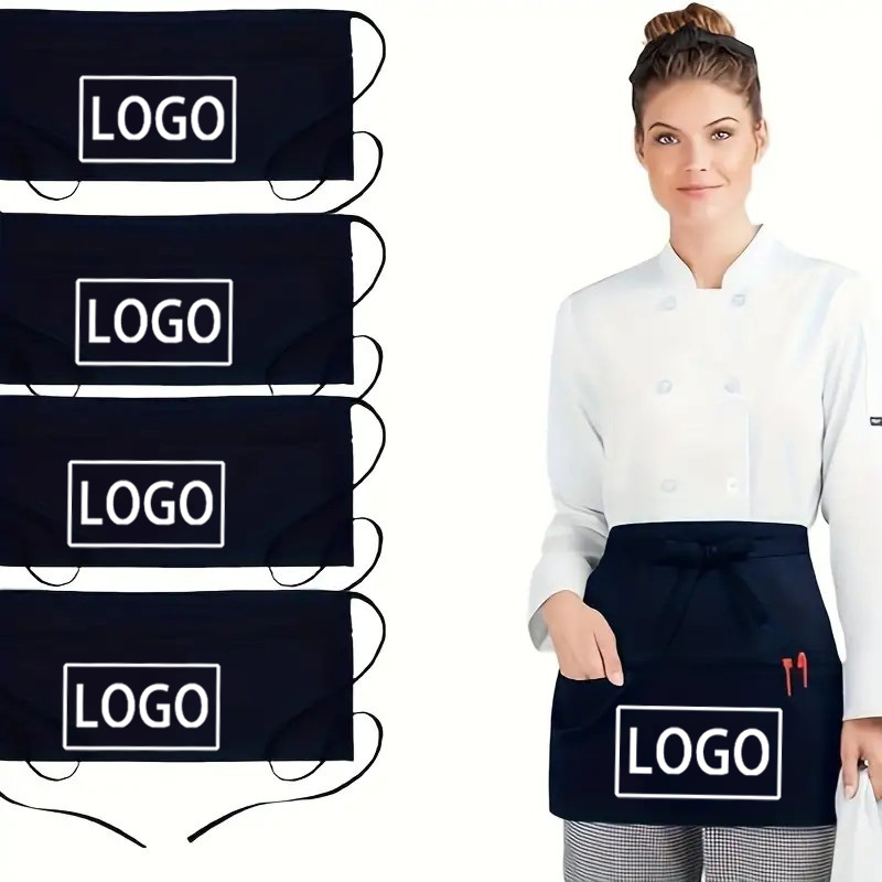 Customizable Images 4-pack 3-pocket Unisex Half Apron Black, Suitable For Restaurant Coffee Shop Uniform Half Apron