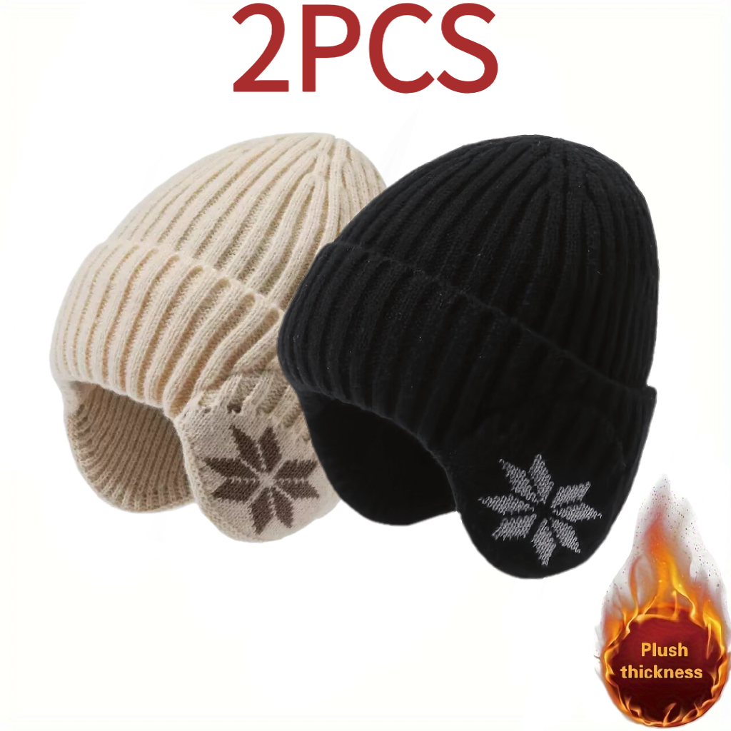 TEMU Lot de 2 bonnets d'hiver unisexes en tricot épaissi - Motif de neige, 100 % fibre de , style multicolore, uniquement, chaude des oreilles