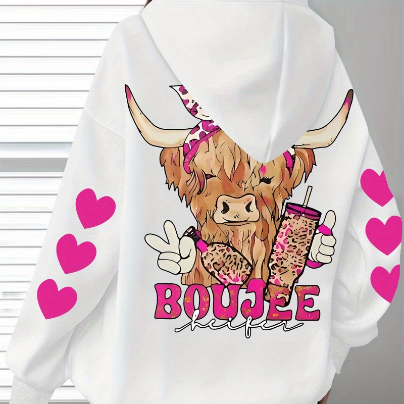 

Plus Size Comfy Pink Hoodie With Highland Cow & Heart Print - Soft Casual Long Sleeve Pullover With Kangaroo Pocket, Machine Washable, Women's Casual Attire