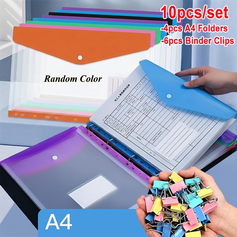 TEMU 10pcs A4 File Folders With Buttons Set(4pcs A4 Folders+ 6pcs Colored Binder Clips), 11-ring Binder Pockets Heavy-duty Pp File Organizers With