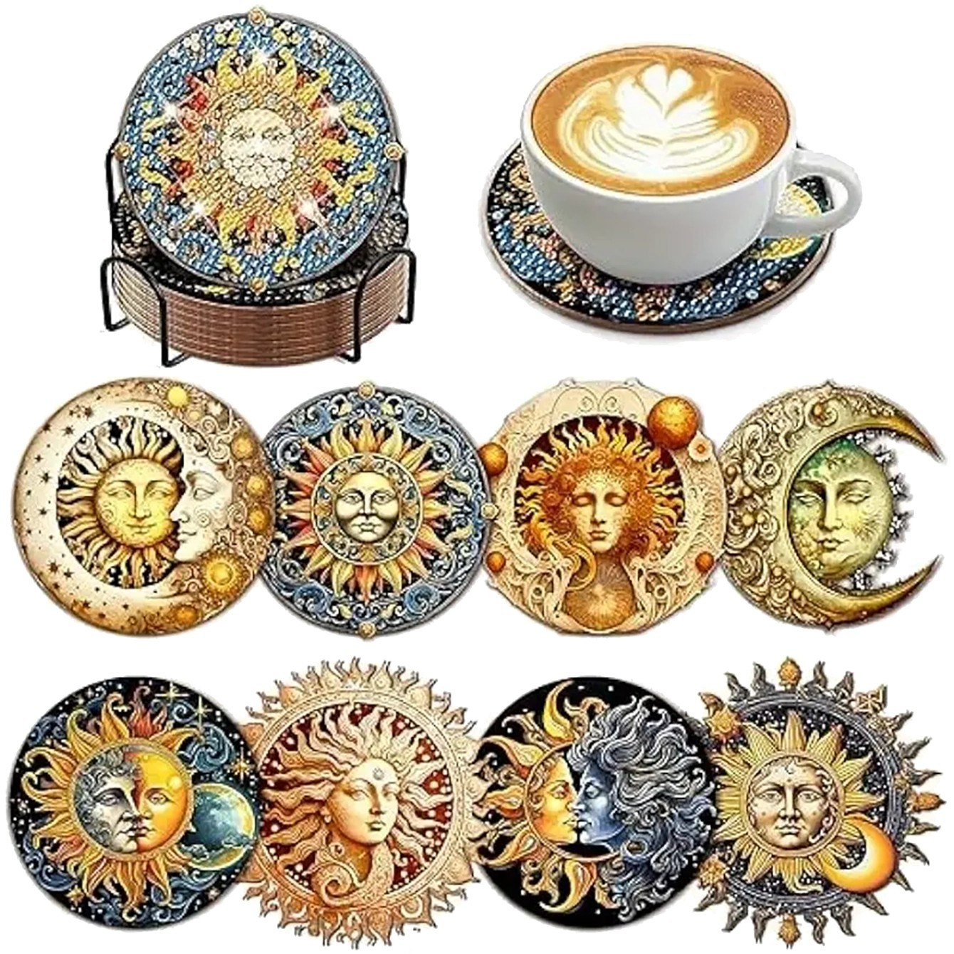 

8pcs Coaster Set Kit - Round Wooden Art For , Diy Sun And Pattern, For Adults And