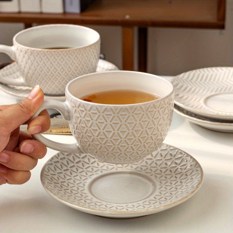 Set De 6 Tasses à Thé Avec Soucoupes En Céramique Blanche - Style Rustique Vintage Nicola Spring