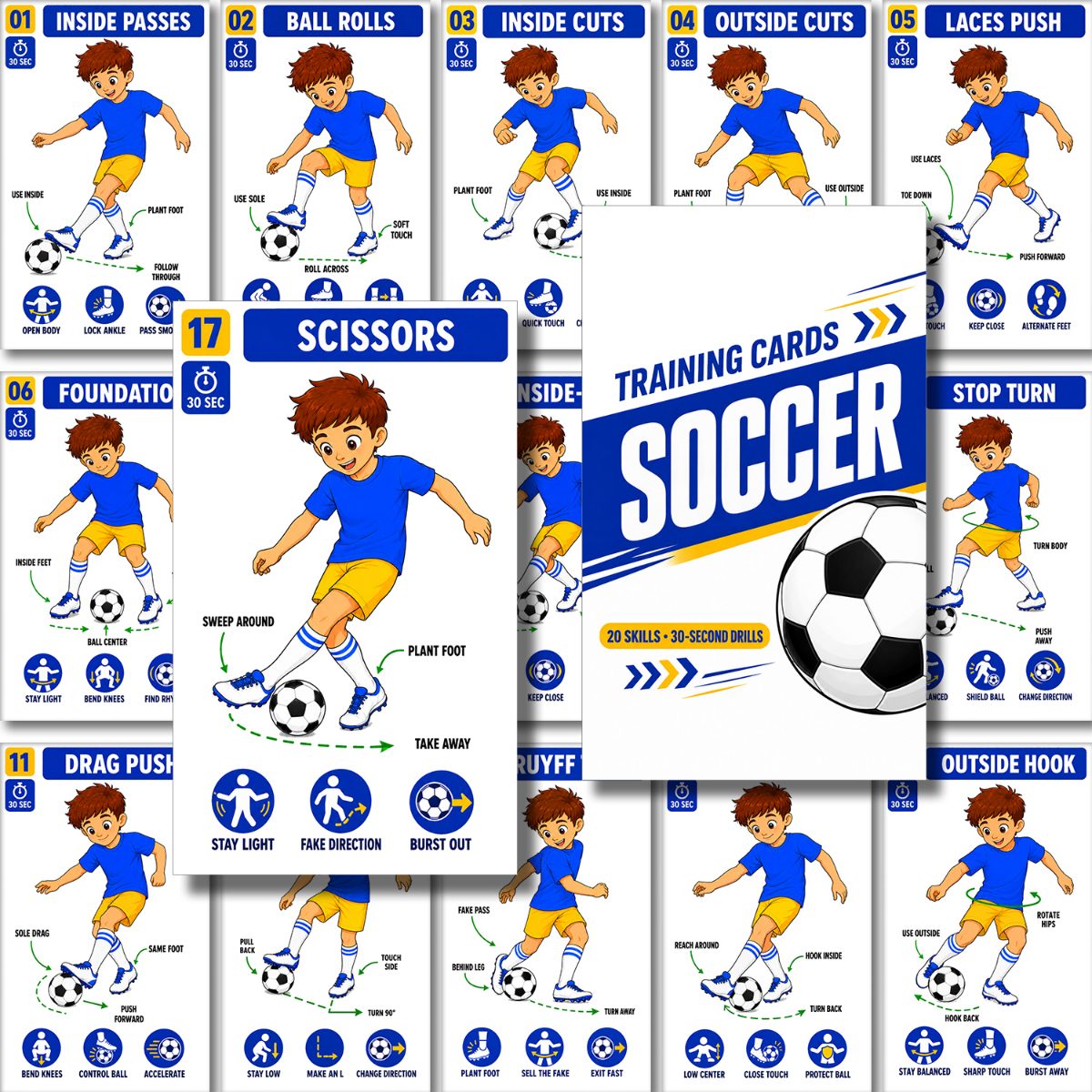 TEMU 20pcs Soccer Training Cards, Football Drills For Ball Control, , Footwork, Turning, Coordination & Speed, Practice Cards For Players, , Team , &