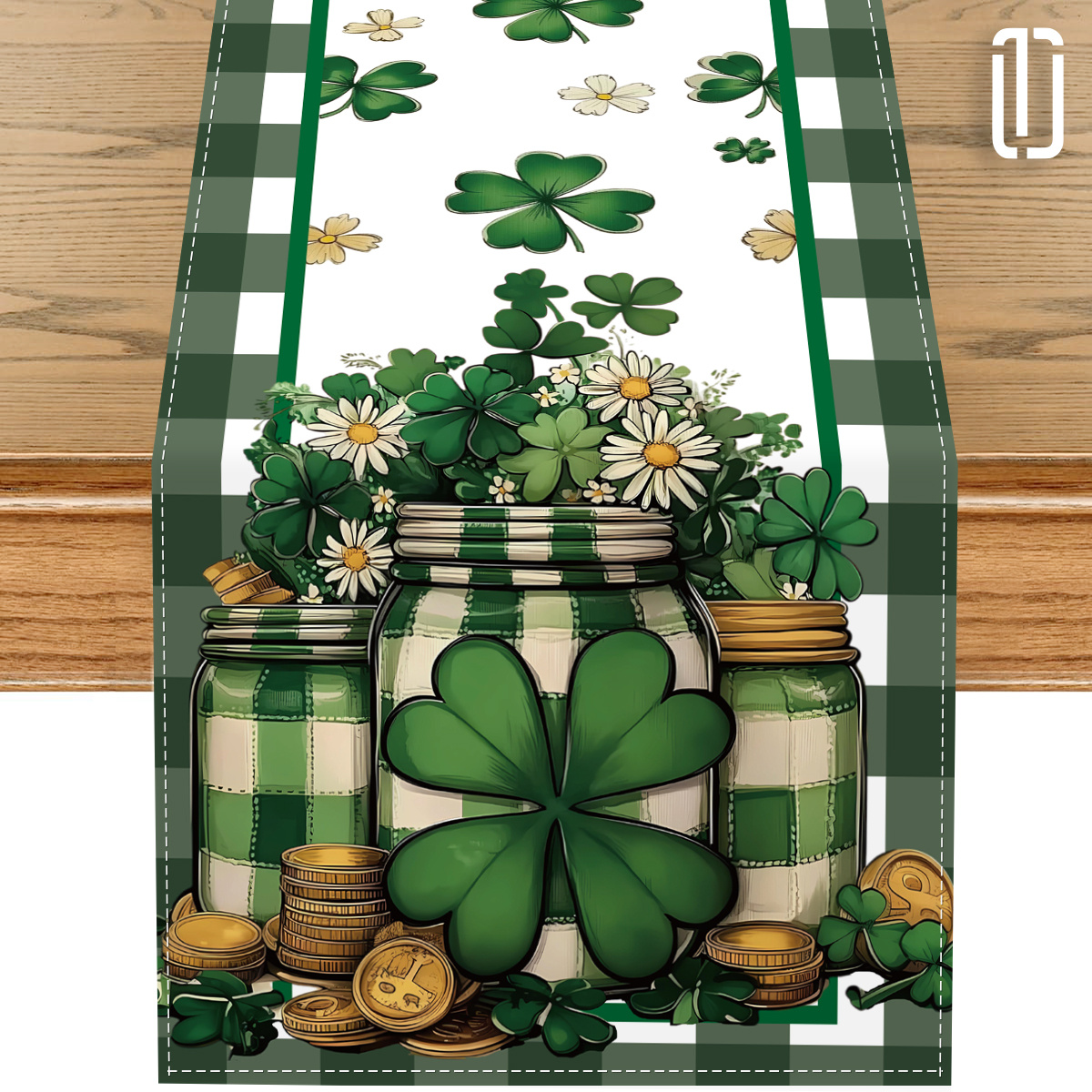 

1pc 's Day Polyester Table Runner, Rectangular Clover & Shamrock Mason Jar Design With Daisy , Golden , And Decor, 13 X 72 Inches, For Indoor & Outdoor Dining