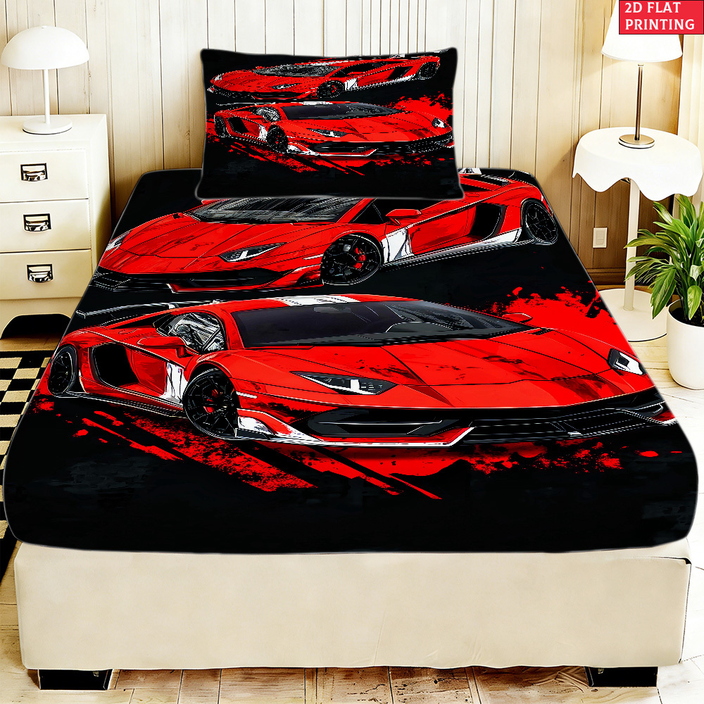 TEMU 2pcs/3pcs Racing Bed Sheets With Car Print - Fitted Bedspread & Half-pillowcases Suitable For, Machine Washable Car-themed Bedding For Room, 2d