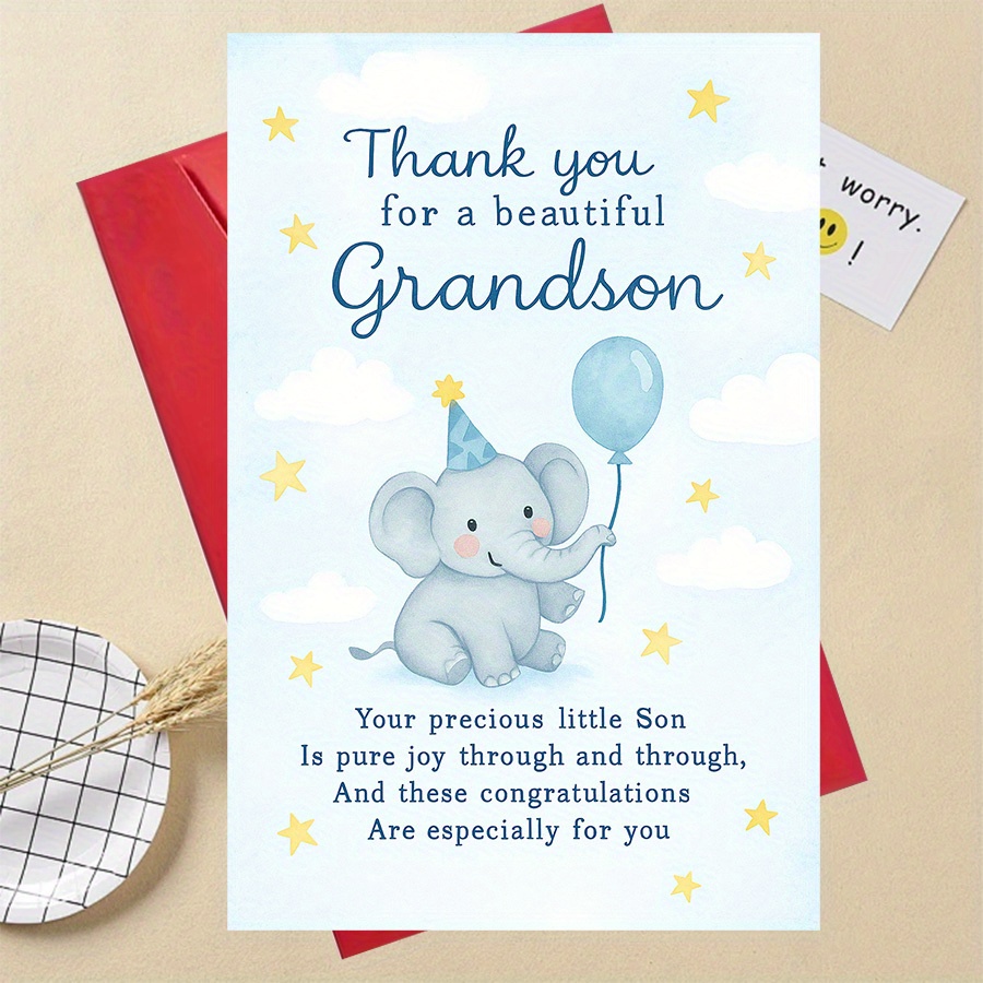 TEMU 1pc Grandson Thank You Card With Cute Elephant & - Blue & Golden Confetti Birthday/christmas/grandparents' Day Gift, Grandparent-grandson