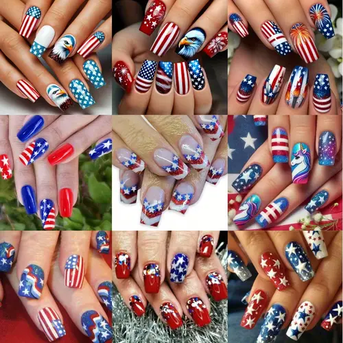 216pcs 9 pack patriotic american with pressed nails square shaped full set of nails white and art for celebration artificial nail tips