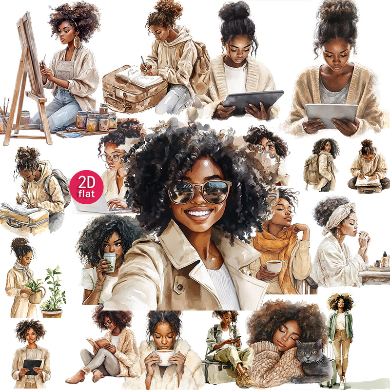 TEMU 2d Flat 20pcs Fashion African American Women Hand-painted Watercolor Decorative Stickers, Artistic Character Decals For Journal, , Notebook, ,